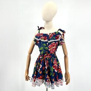 Vintage Navy Blue Floral Pin-Up Off-Shoulder Peasant Mini Dress